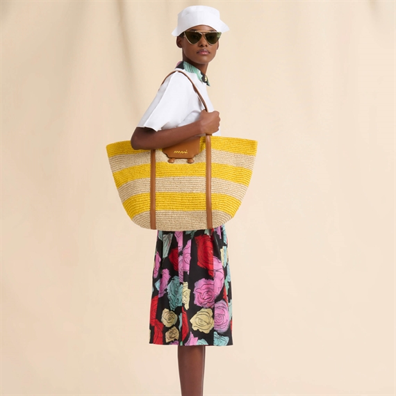 Marni Medium Raffia Trunkaroo Beach Bag, Natural/Dark Lemon